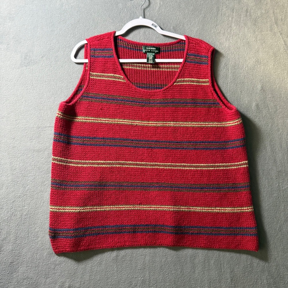 Lauren Ralph Lauren Red Striped Linen Cotton Sweater Vest Scoop Neck 1X